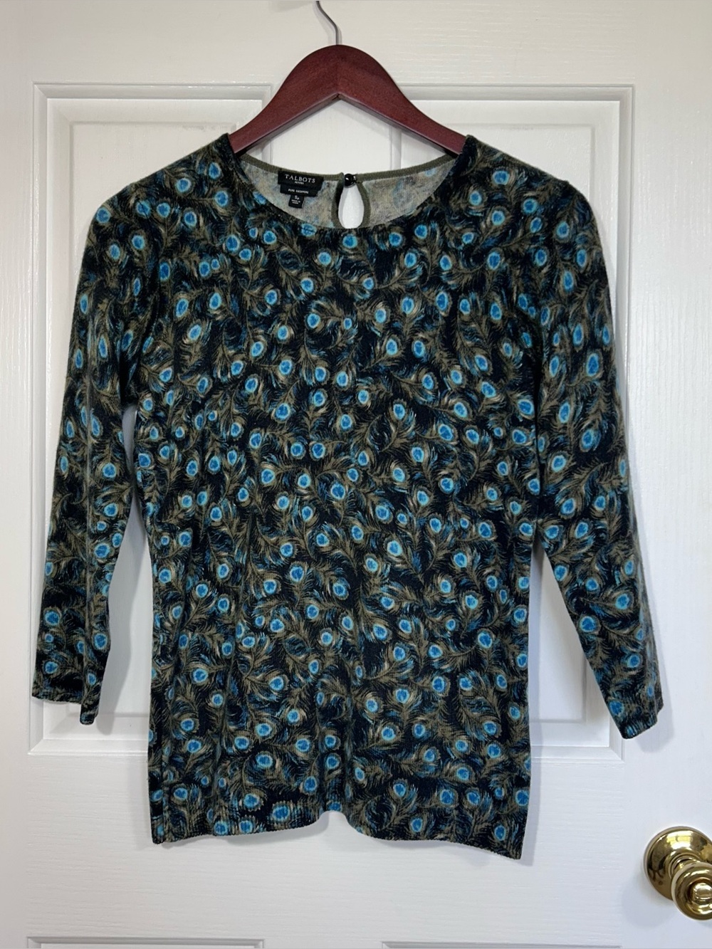 Talbots Pure Cashmere Royal Peacock Sweater Top Small Petite Blue Feather
